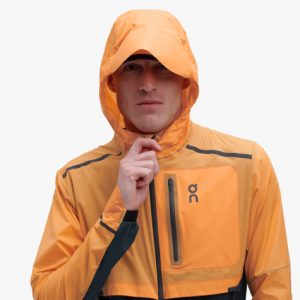 On Weather Jacket leichte Herren Laufjacke mango navy Kapuzenschirm