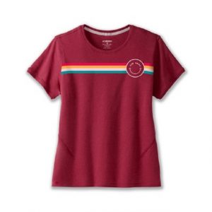 Brooks Distance Short Sleeve 2.0, Damen Laufshirt, Htr Razzmatazz/Rainbow Stripe, vorne