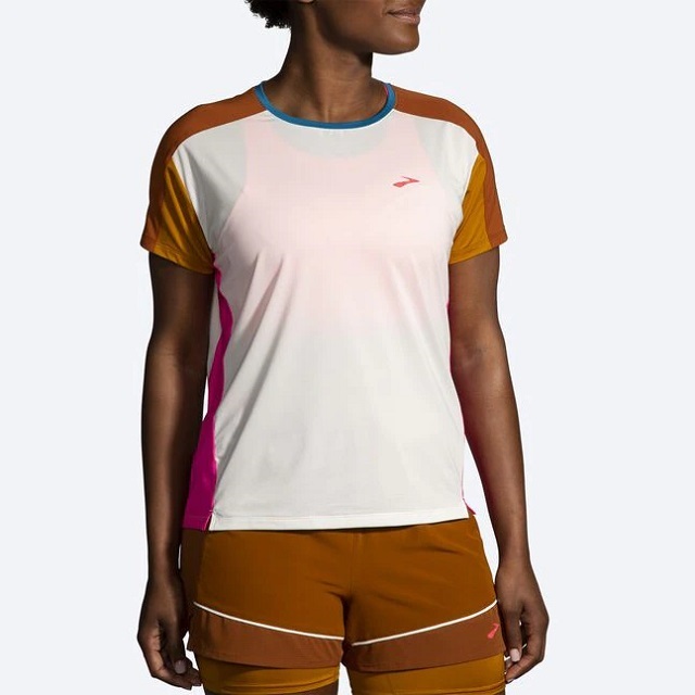 Brooks Sprint Free Short Sleeve 2.0, Damen Sportshirt, lightest sky/ Ochre/ Fuchsia, vorne
