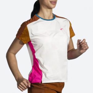 Brooks Sprint Free Short Sleeve 2.0, Damen Sportshirt, lightest sky/ Ochre/ Fuchsia, seitlich